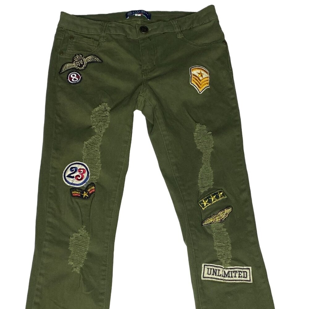 Boom Boom Jeans Olive Green Distressed Patch Jeans – Size 5 – Military Style